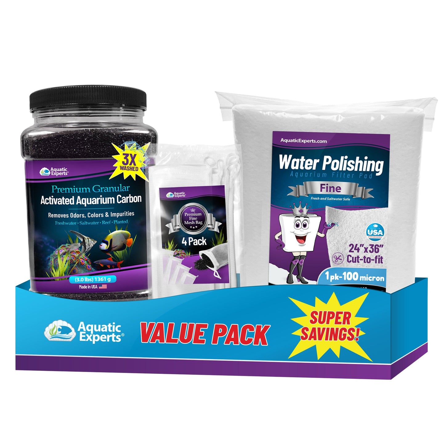 Aquarium Bundle - Carbon 3.0 + 4 Pack Fine Mesh Bag 3"x8" + Polishing Pad 100 Micron Bundle