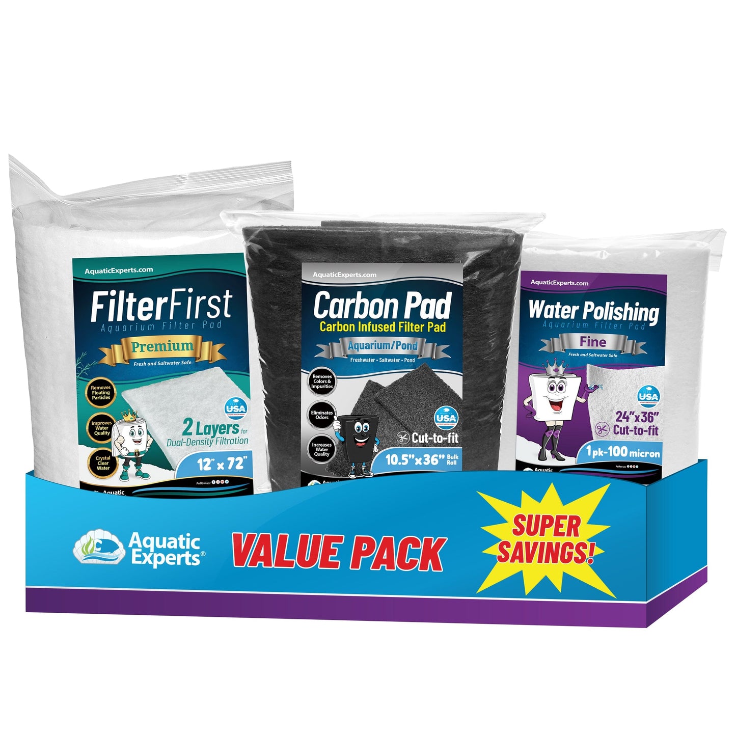 Aquarium Bundle - Carbon Filter 10.5"x36" + FilterFirst 12"x72"+ Polishing Pad 100 Micron Bundle