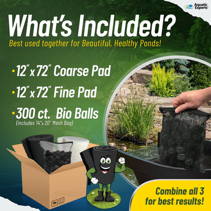 Pond Bundle - White Fine Filter Pad 12" x 72", Black Coarse FIlter Pad 12" x 72", 300 Count BioBalls with Mesh Bag